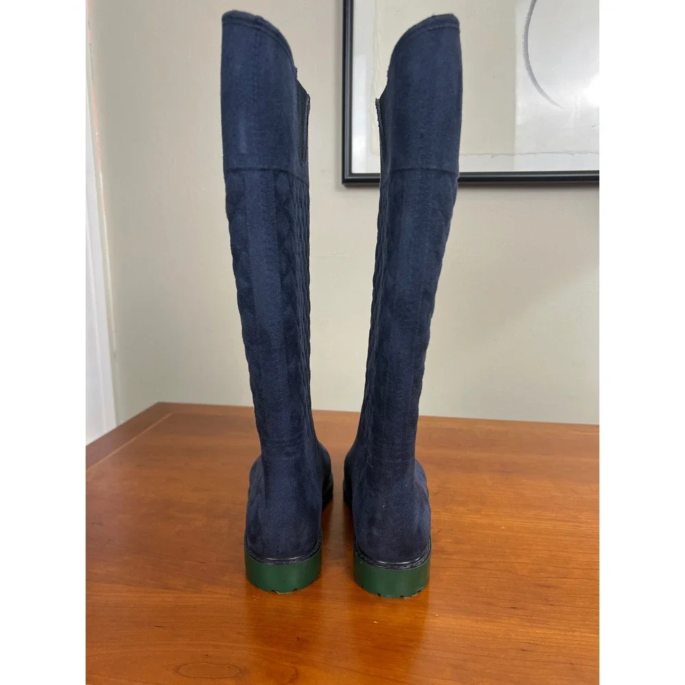 Tommy Hilfiger Navy Quilted Suede Tall Boots Green Lug Sole Gold Logo‎ Women 6M